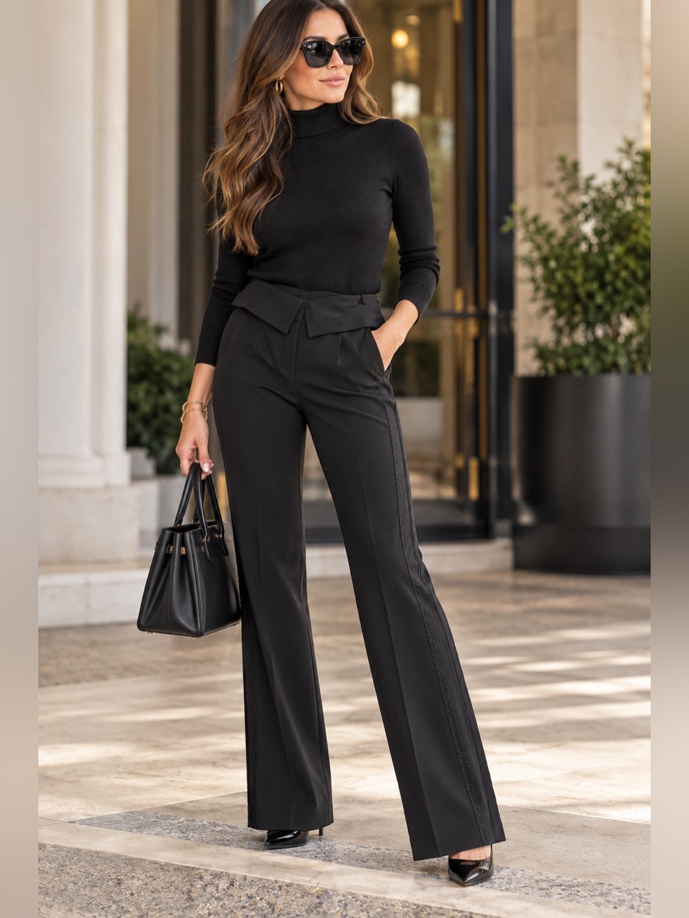 Elie Tahari Black Virgin Wool Grosgrain Tuxedo Flare Pants Trousers 4 Quiet Luxe